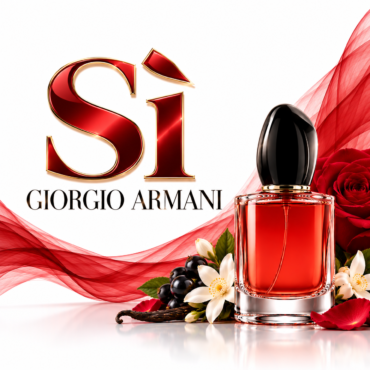Giorgio Armani Si perfume bottle with red liquid, surrounded by white flowers and red ribbons on white background