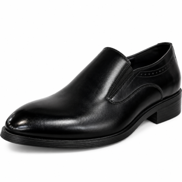 Black leather slip-on loafer with a low stacked heel and subtle stitching detail on the side.