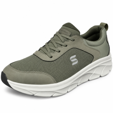 Olive-green Skechers athletic sneaker with a white chunky sole and mesh upper, showing the brand logo on the side.
