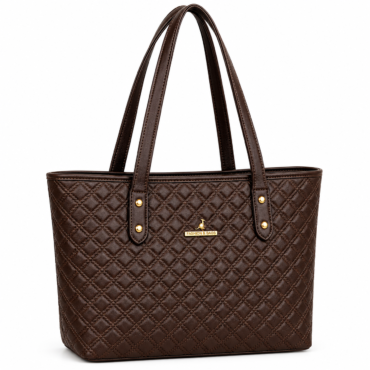 Brown quilted leather tote bag with double handles and gold hardware.