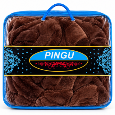 Brown plush blanket tucked inside a blue zippered carrying case with a handle label reads PINGU across a decorative black band