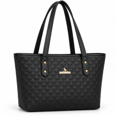 Black quilted tote bag with two handles and gold button accents brand badge reads FASHION  BAGS on the front