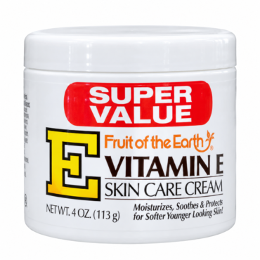 Jar of Fruit of the Earth Vitamin E Skin Care Cream with a red 'SUPER VALUE' label on a white container.