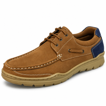 Brown suede casual shoe with laces, white stitching, and a blue heel accent on a tan sole.