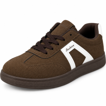 Brown low-top sneaker with white diagonal stripe and 'Fashion' label on the side, matching brown sole and laces