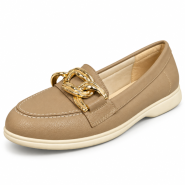 Beige leather loafer with a large gold chain ornament and cream sole.