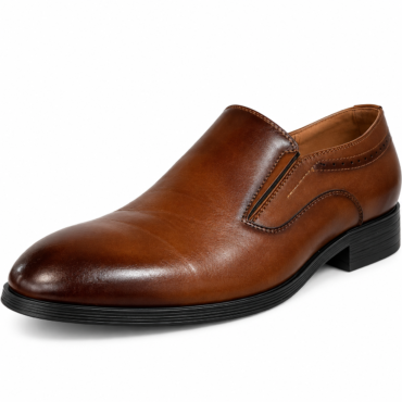 Brown leather slip-on dress loafer with black sole and subtle stitching details