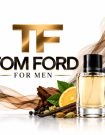 Tom Ford for Men fragrance ad showing the perfume bottle with citrus slice and spices