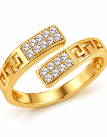 Gold ring with two rectangular diamond filled panels and Greek key band design on a white background elegant jewelry centerpiece