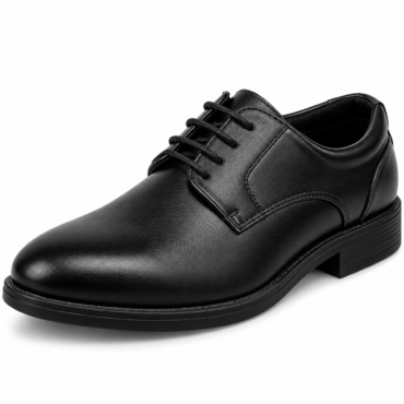 Black leather Oxford dress shoe with laces, angled to show rounded toe and low heel on a white background
