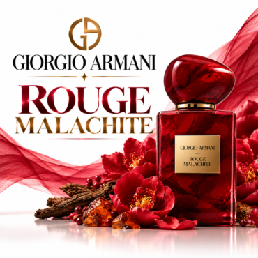 Giorgio Armani Rouge Malachite perfume bottle with red glass, gold label, and red floral accents surrounding it.