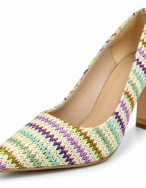 Pointed toe womens pump with a multicolor woven straw upper and beige interior lining