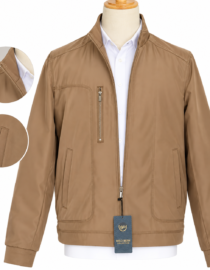 Tan leather jacket on a mannequin with zip front chest zip pocket and side pockets