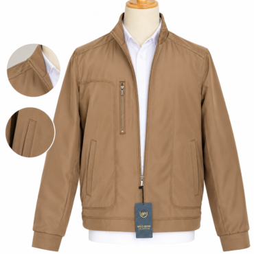 Tan leather jacket on a mannequin with zip front, chest zip pocket, and side pockets.