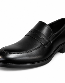 Black leather penny loafer with a strap across the vamp and a low heel