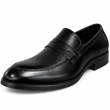Black leather penny loafer with a strap across the vamp and a low heel.