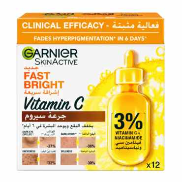 Garnier SkinActive Fast Bright Vitamin C packaging: orange top banner and white box with a yellow dropper bottle on the right, 3% Vitamin C + Niacinamide text.