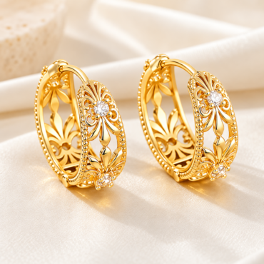 Pair of ornate gold hoop earrings with filigree floral pattern and a center crystal on a satin background