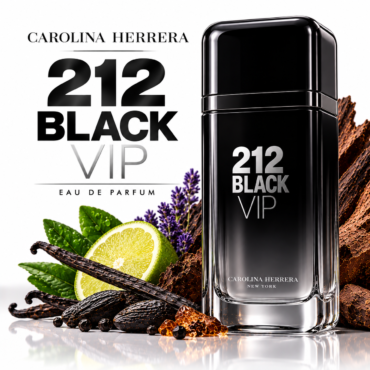 Carolina Herrera 212 Black VIP perfume bottle with lemon, lavender, and vanilla accents in the foreground.