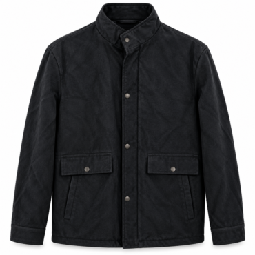 Black stand-collar jacket with snap front buttons and two flap pockets on the chest.
