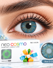 file_00000000ddf88211ad765af3c085cf36 - المول الشامل في الاردن Close up of a blue iris contact lens in an open eye with Neo Cosmo packaging and a separate lens on the right side