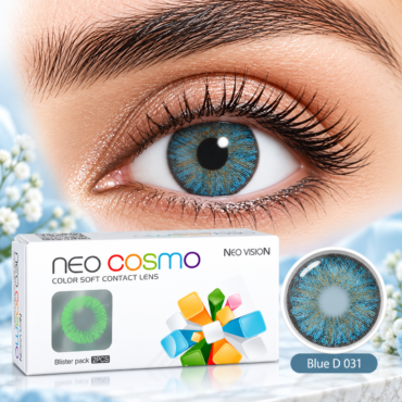 Close-up of a blue iris contact lens in an open eye, with Neo Cosmo packaging and a separate lens on the right side.