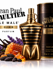 file_00000000df3481f5b72e67b73bf021c4 - المول الشامل في الاردن Jean Paul Gaultier Le Male Elixir perfume bottle with gold stripes beside lavender and honeycomb decor