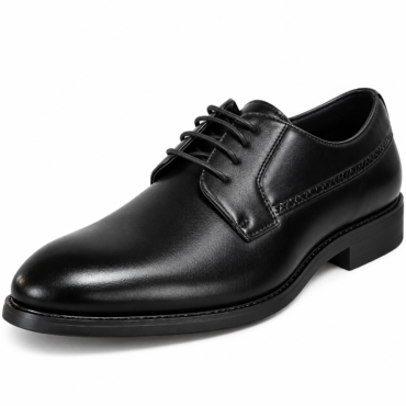 Black leather oxford shoe with laces, shown at an angle with a low block heel.
