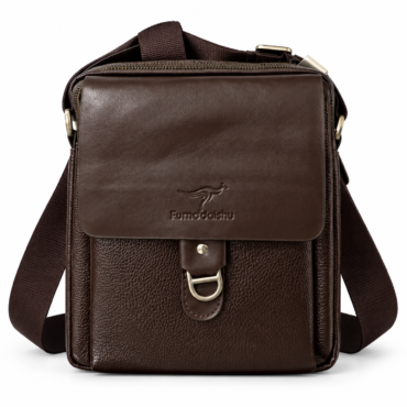 Brown leather crossbody bag with front flap, buckle, and adjustable strap on a white background.