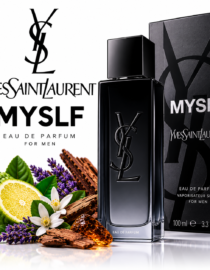 Yves Saint Laurent MYS LF mens perfume bottle beside its black packaging with botanical accents and citrus vanilla and lavender notes visible at the bottom