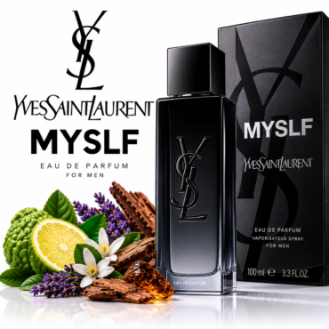 Yves Saint Laurent MYS LF men’s perfume bottle beside its black packaging with botanical accents and citrus, vanilla, and lavender notes visible at the bottom.