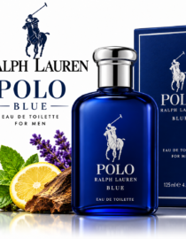 Blue Polo Ralph Lauren bottle with matching box lemon slice and purple lavender sprigs in the foreground advertising Polo Blue for men