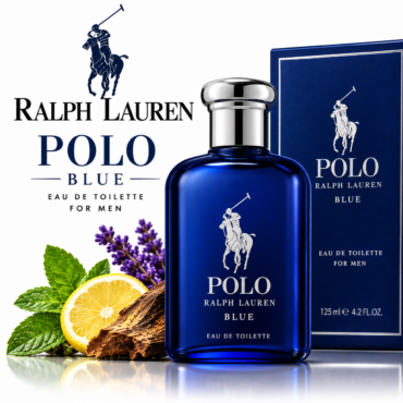 Blue Polo Ralph Lauren bottle with matching box, lemon slice and purple lavender sprigs in the foreground, advertising Polo Blue for men