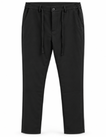 Black jogger style pants with an elastic drawstring waist and front pockets