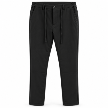 Black jogger-style pants with an elastic drawstring waist and front pockets.