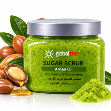 Green jar of Globalstar Sugar Scrub with Argan Oil, surrounded by green granules and nuts; bottle highlights moisturizing product.