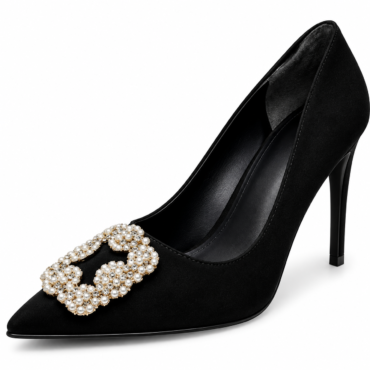 Black suede high-heeled pump with a pearl and gold-embellished rectangular buckle at the toe, angled presentation.