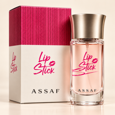Perfume bottle with pink 'Lip Stick' label next to a matching pink-and-white box on a neutral background.