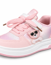 Pink kids sneaker with thick white sole pink braided laces and a pink bear charm on the side