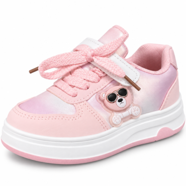 Pink kids' sneaker with thick white sole, pink braided laces, and a pink bear charm on the side.