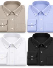 Four folded dress shirts in beige light blue white and black with button down collars and cuffs shown head on across a white background