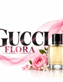 Gucci Flora perfume bottle with pink flowers and soft pink fabric swirls in the background advertising fragrance