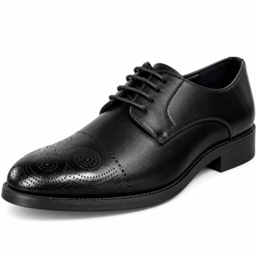 Black leather men's oxford shoe with brogue perforations and laces on a low heel sole