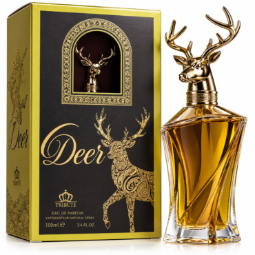 Luxurious perfume bottle with a gold deer head cap beside a black and gold deer-themed gift box.