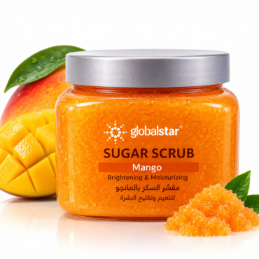 Jar of Globalstar Mango Sugar Scrub with mango chunks and leaves in the background, bright orange texture visible.