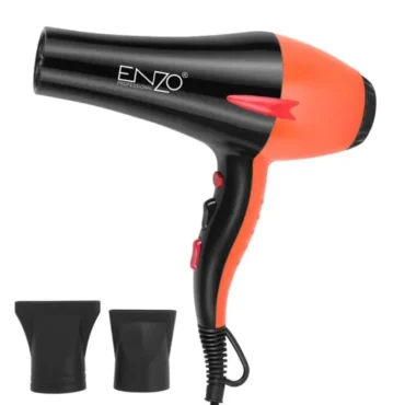 Black and orange professional hair dryer with two concentrator nozzles and a power cord for styling tool use