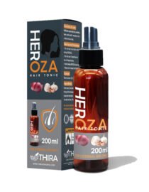 Brown 200 ml Heroza hair tonic bottle with spray nozzle beside its gray box featuring garlic icons and HAIR TONIC branding