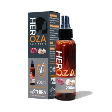 Brown 200 ml Heroza hair tonic bottle with spray nozzle beside its gray box featuring garlic icons and 'HAIR TONIC' branding.