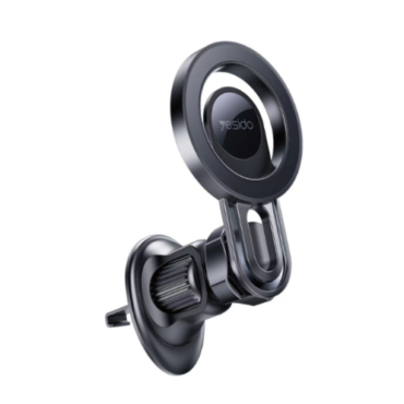 Car phone mount with circular magnetic ring and adjustable clamp, designed to attach to a car vent or surface (Yesido brand).