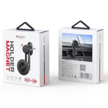 Two white packaging boxes for a car magnetic phone holder named Holder Magnet front view shows the cradle and magnet with a black handle on top of the box